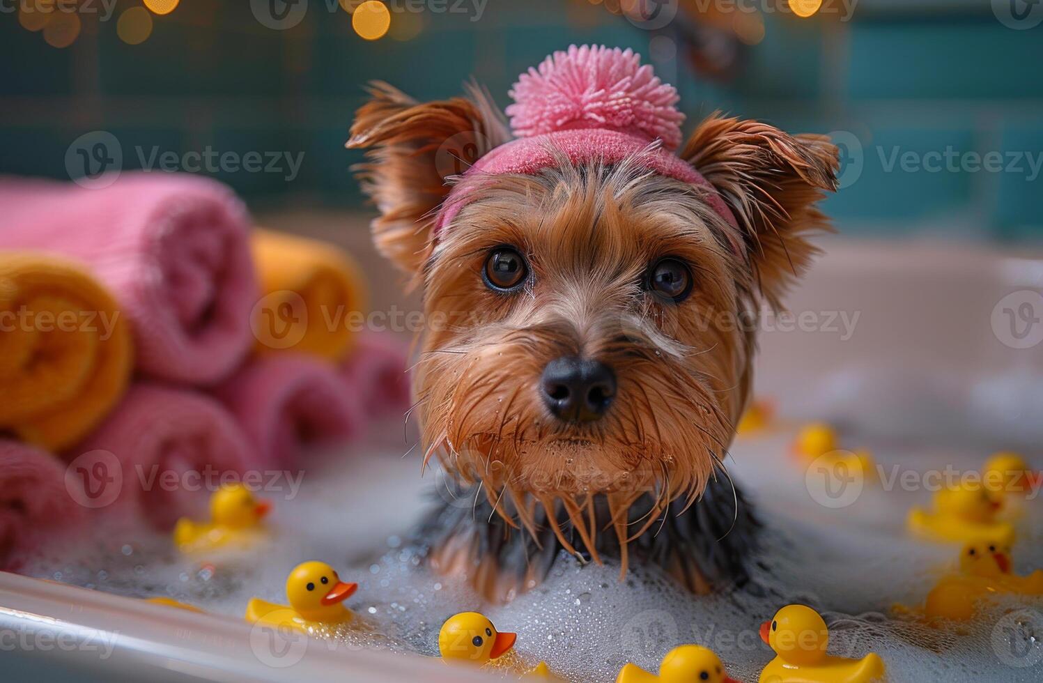 Yorkie loves playful baths. Yorkshire Terrier relaxes in a bubble bath surrounded by rubber ducks and vibrant towels in a cozy bathroom setting. photo