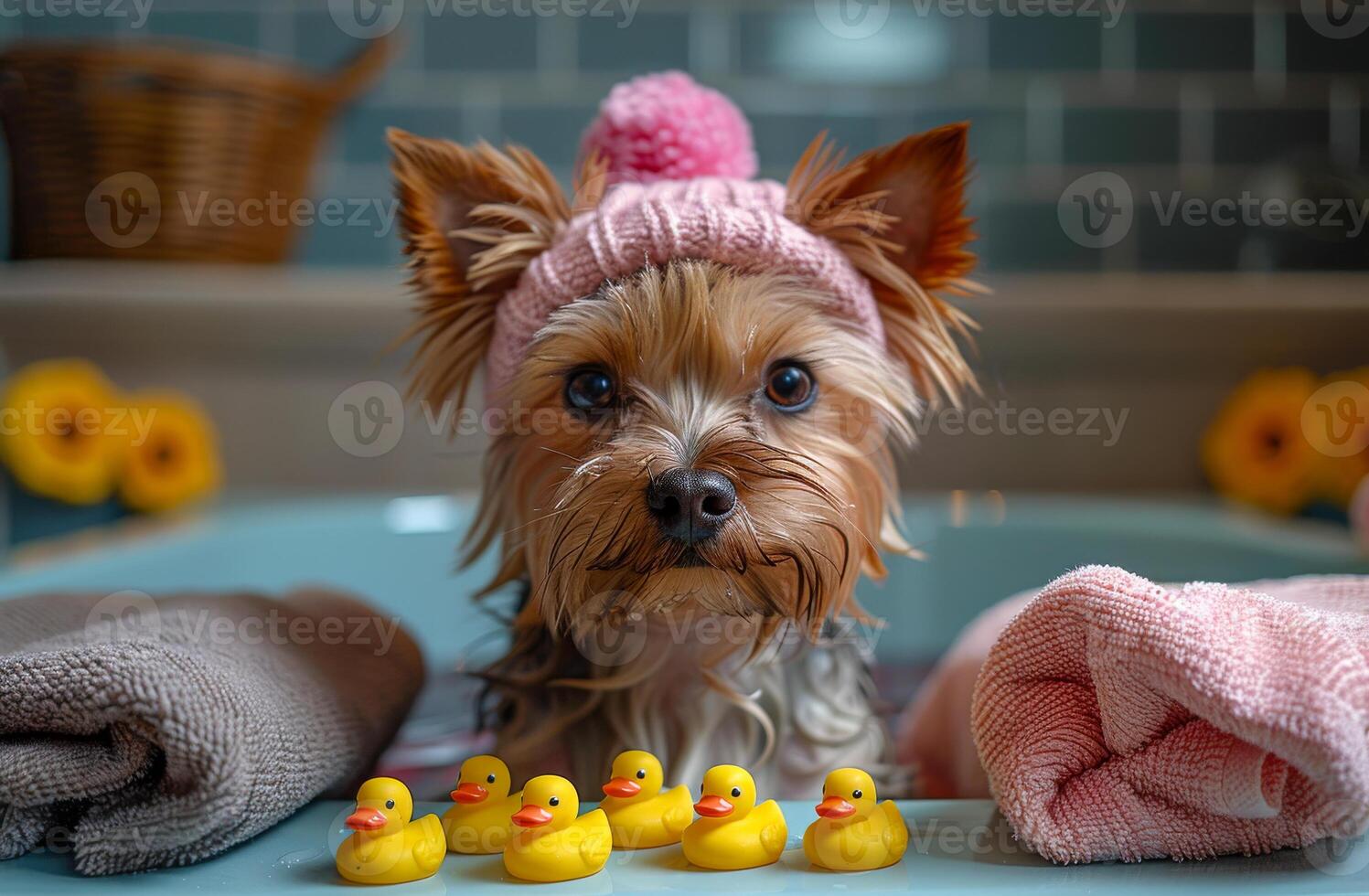 Cute dog in bath with rubber ducks. A small dog wearing a pink hat relaxes in a bathtub surrounded by colorful rubber ducks and towels. photo