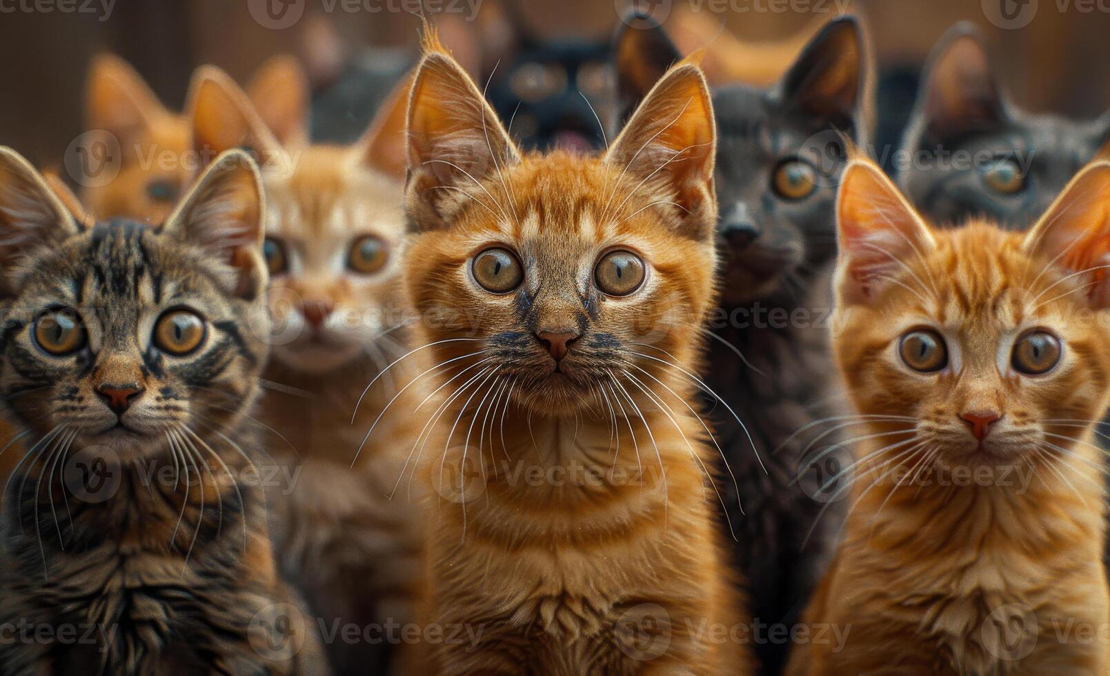Group of curious cats gather together. A lively gathering of cats with various fur patterns and colors, all displaying their inquisitive expressions. photo