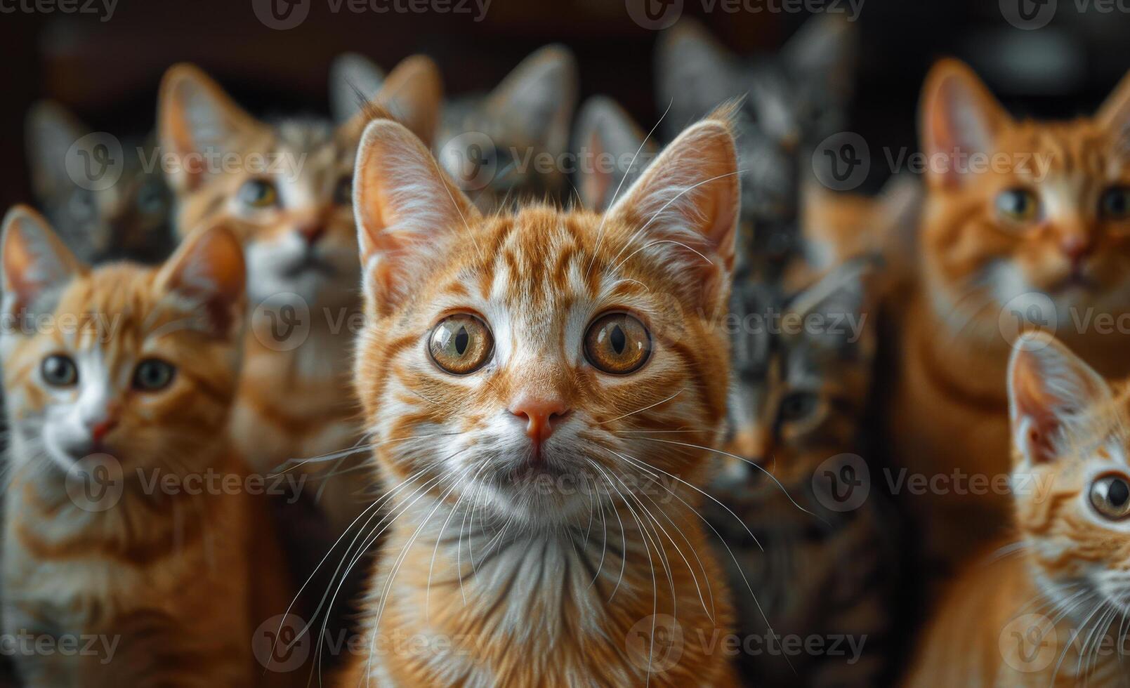 Curious orange cats gather for attention. A group of curious orange cats looks directly at the viewer with wide eyes. photo