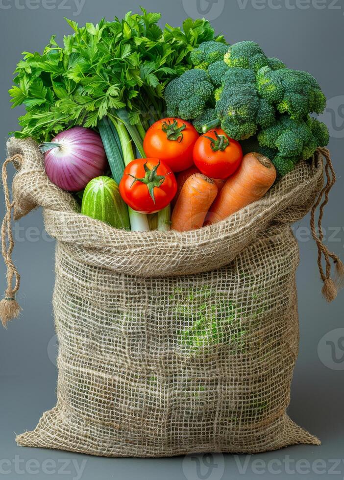 Fresh vegetables in a burlap sack. A burlap sack filled with assorted fresh vegetables including broccoli, tomatoes, carrots, and celery. photo