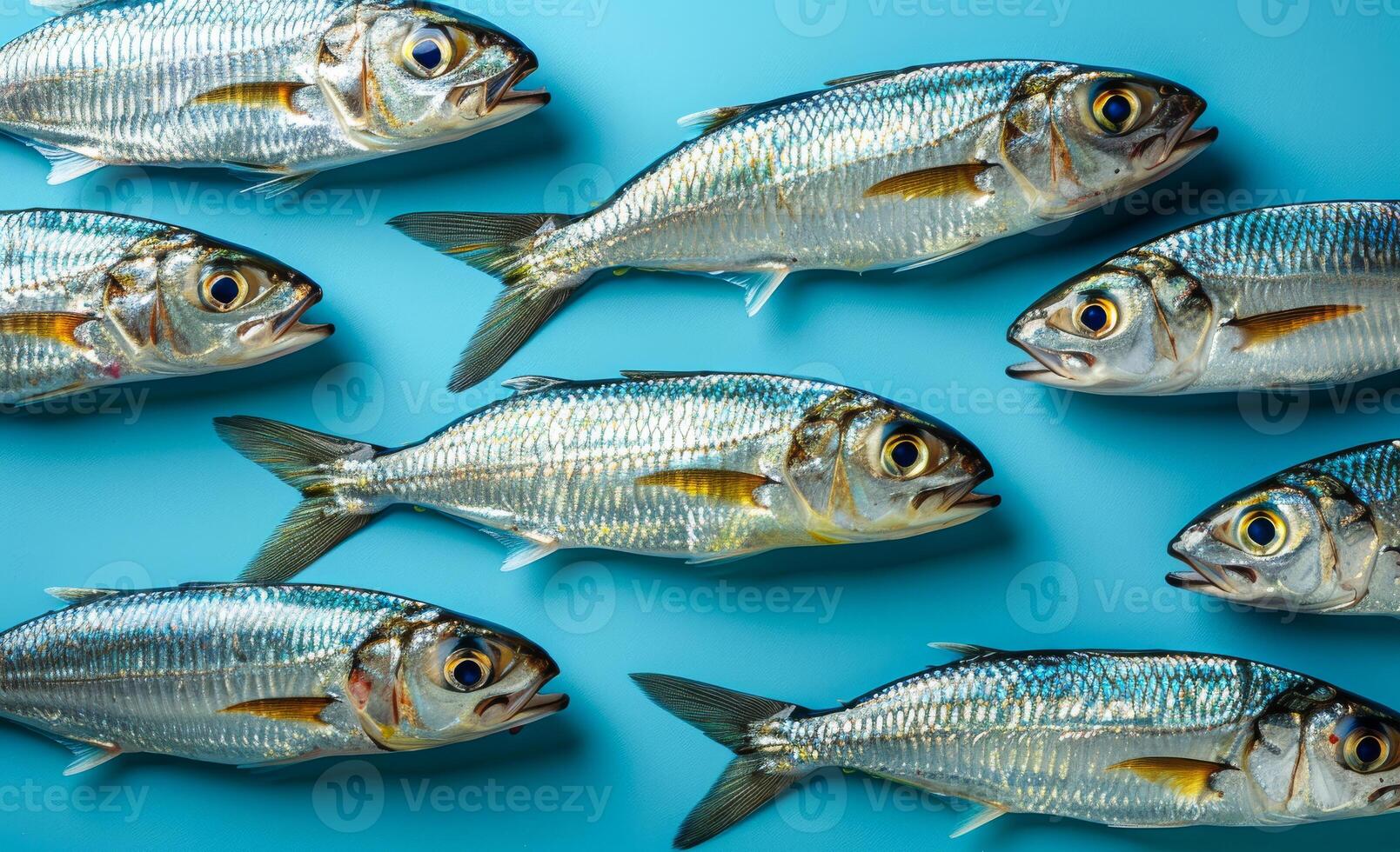Fresh fish arranged on a blue surface. Eight freshly caught fish are neatly placed on a vibrant blue background, showcasing their metallic sheen. photo