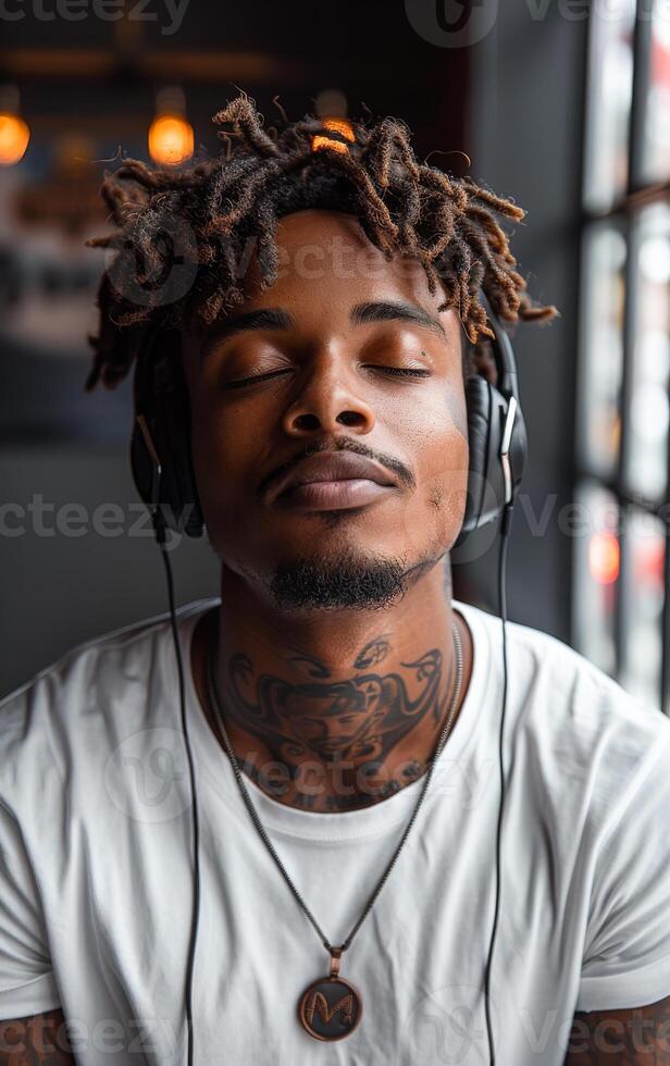 Relaxing moment with music in a cafe. A young man enjoys a peaceful moment listening to music in a cozy cafe while wearing headphones and relaxing. photo