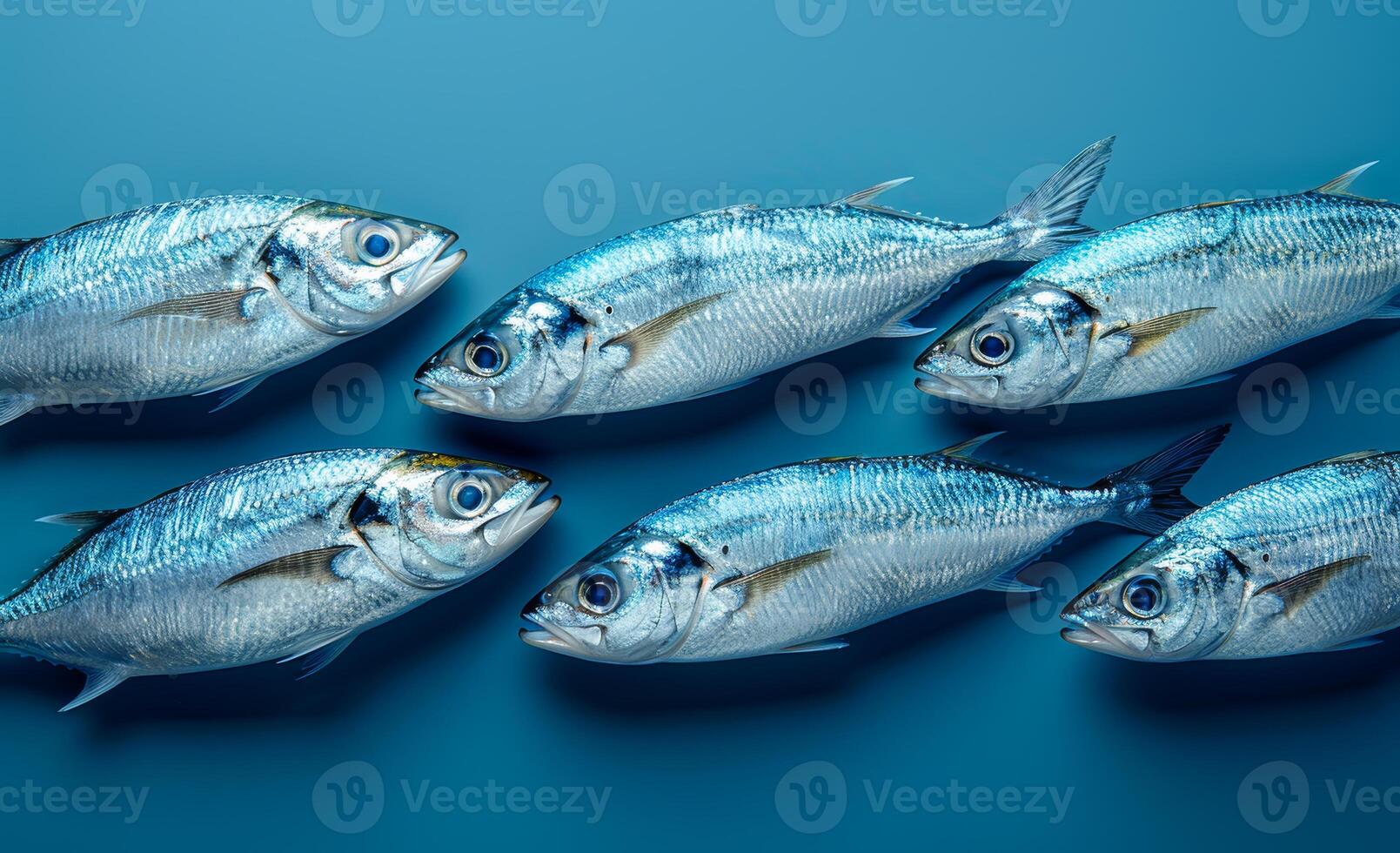 Fresh fish displayed on a blue surface. Several shiny, fresh fish are arranged neatly on a blue surface, showcasing their vibrant scales and eyes. photo