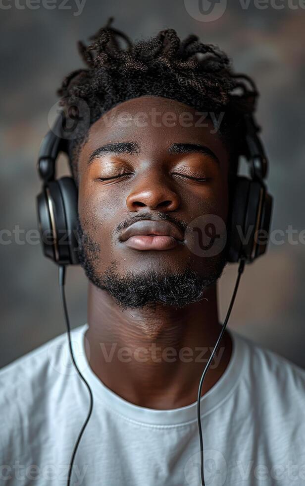Indoor music relaxation. A young man with headphones enjoys music, eyes closed, expressing tranquility and engagement in a cozy indoor setting. photo