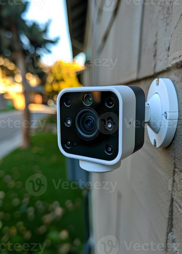 Outdoor wall security camera. A security camera is mounted on a wall, observing the yard and street during late afternoon with soft sunlight. photo