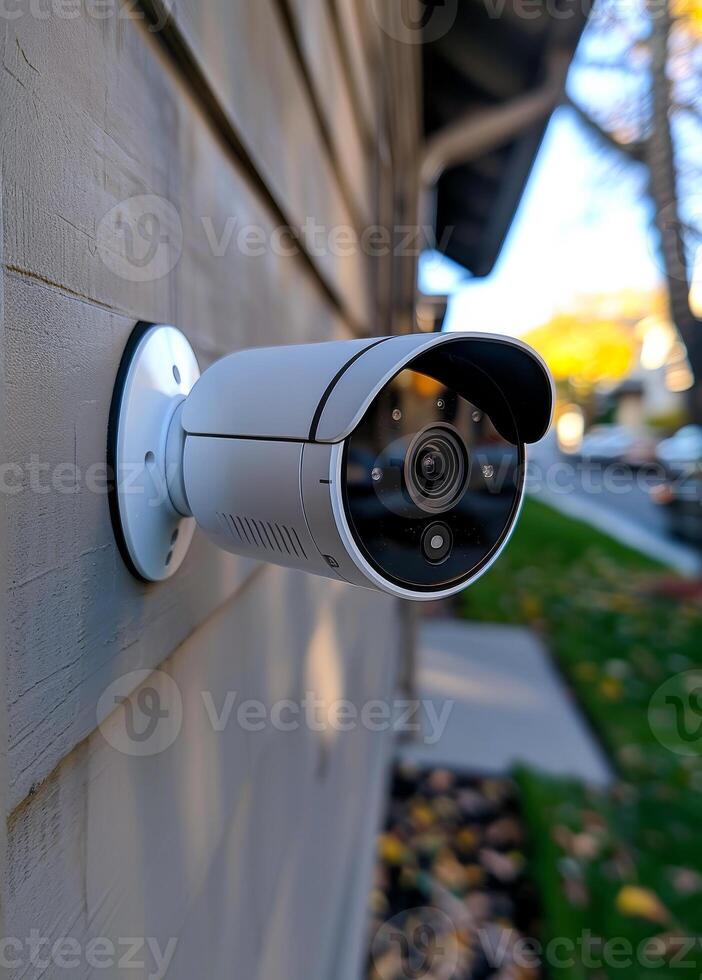 Wall-mounted outdoor camera. A modern outdoor security camera on a wall monitors the area on a sunny day. photo
