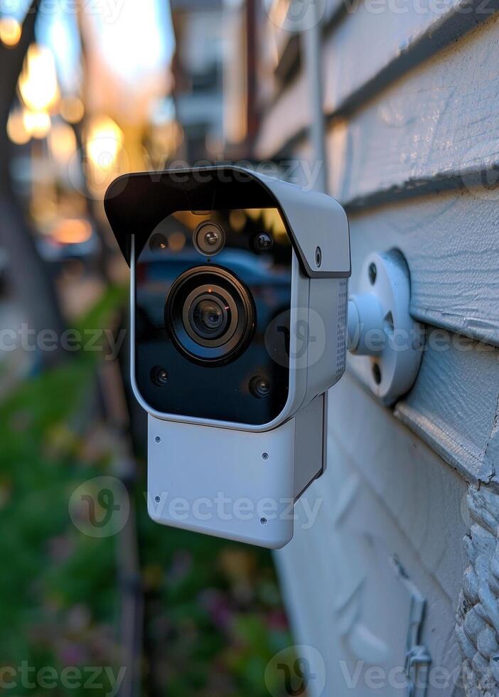 Wall-mounted outdoor camera install. A security camera is mounted on a wall, providing surveillance of the outdoor area during daylight. photo