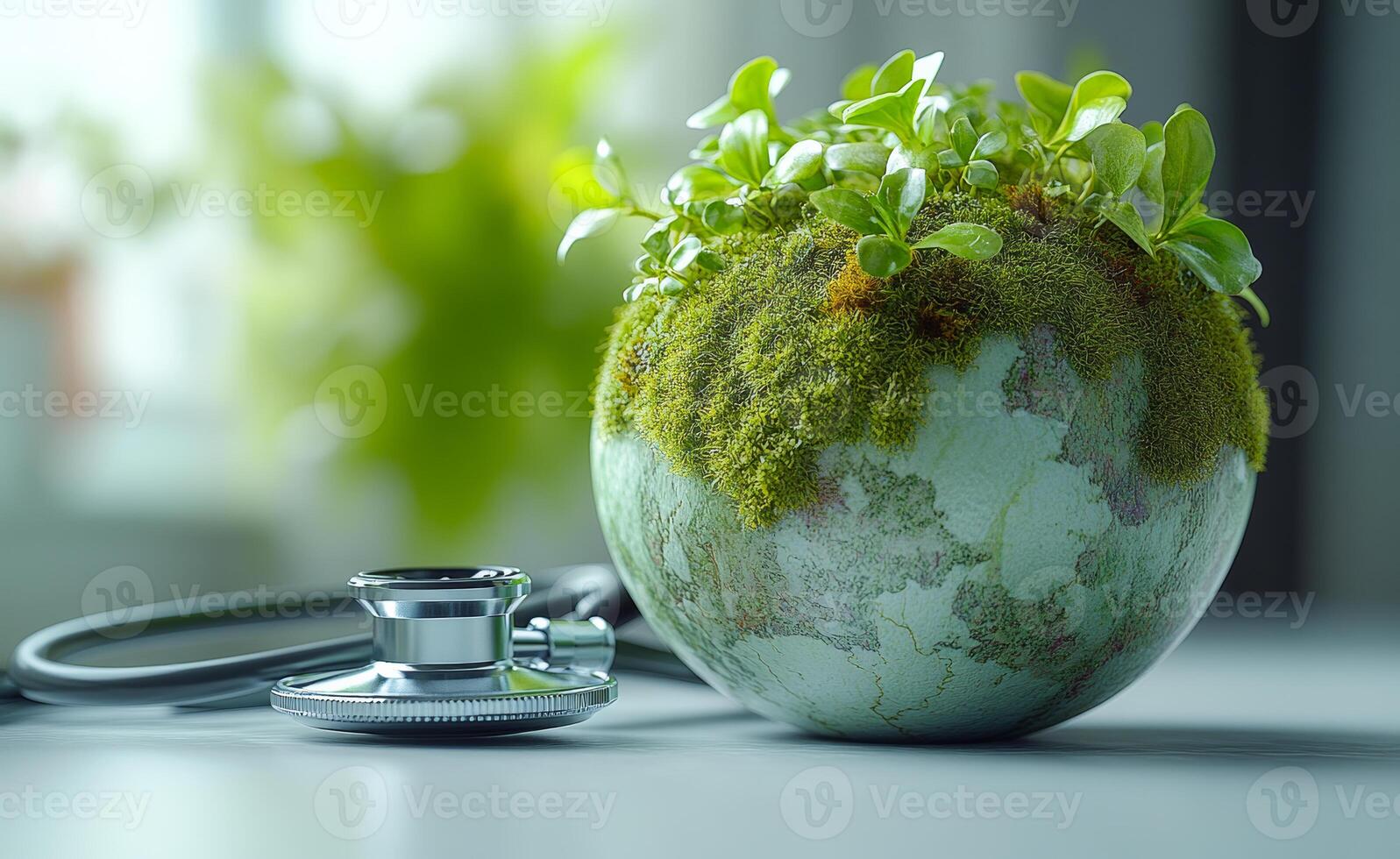 Plant and stethoscope calm vibes. A green plant grows in a decorative pot beside a stethoscope, symbolizing the connection between nature and health. photo