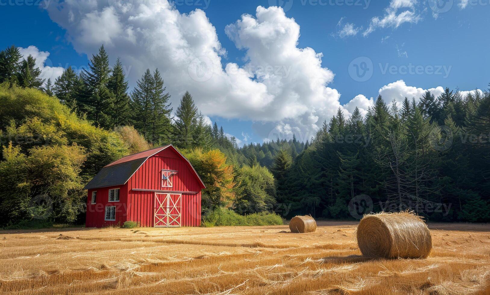 Red barn amidst lush fields and trees. A vibrant red barn stands in a golden field with hay bales, surrounded by dense green trees under a blue sky. photo