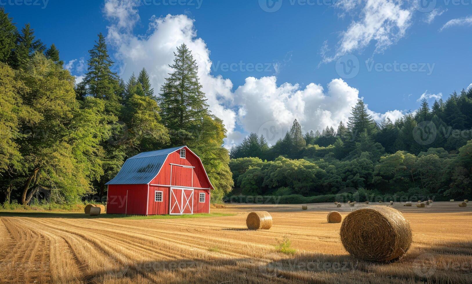 Red barn in golden field. A red barn stands in a golden field, surrounded by rolled hay bales and towering green trees under a clear blue sky. photo