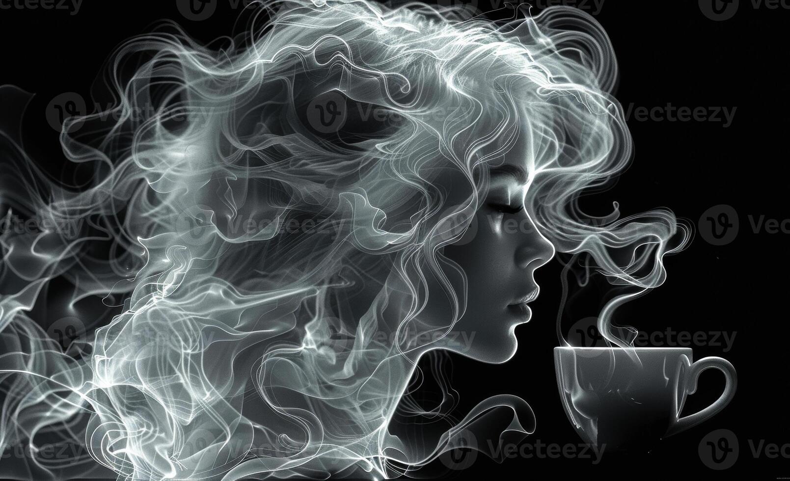 Woman with steaming drink. A woman with flowing hair savors a warm beverage as steam rises around her in an artistic display. photo