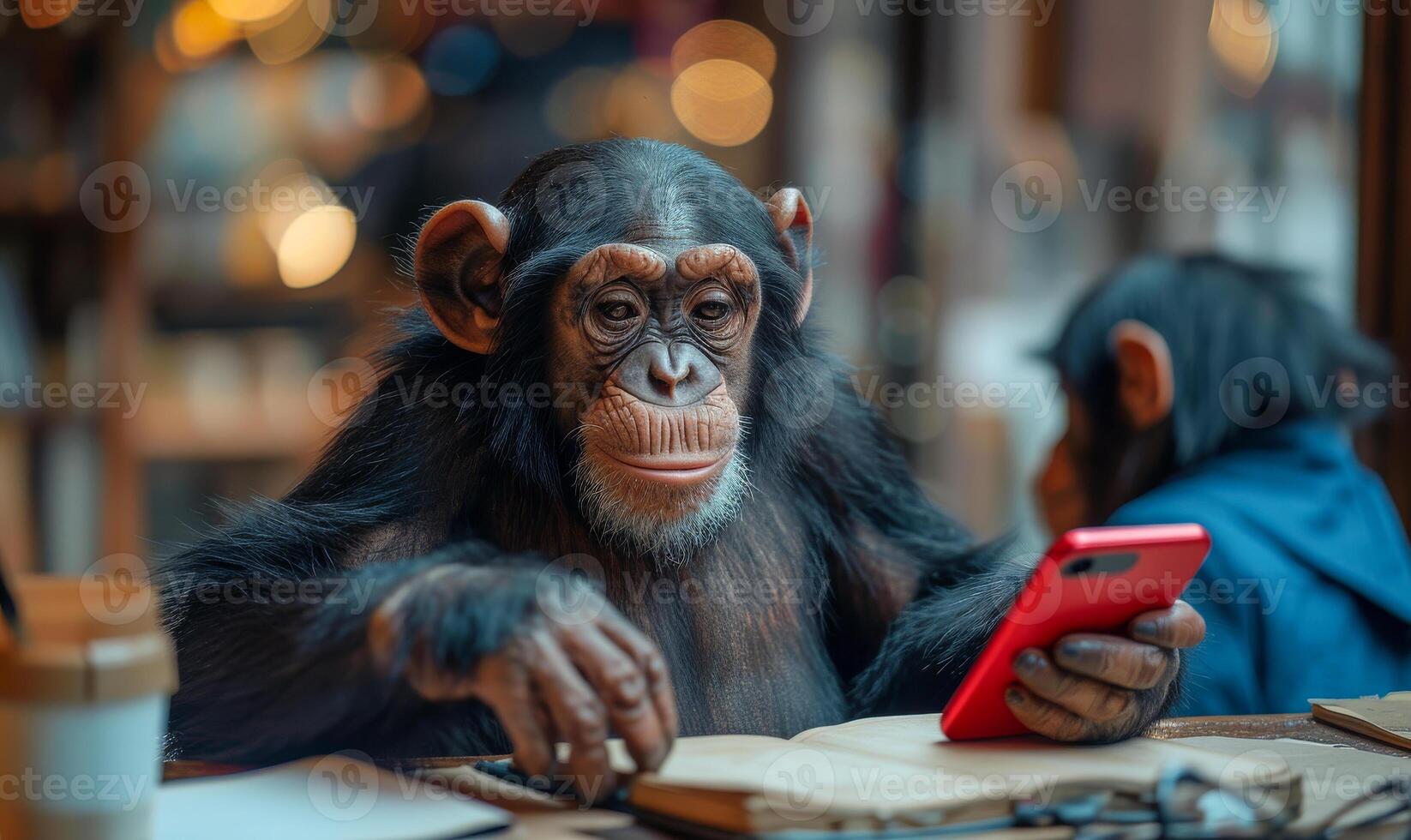 Chimpanzee explores smartphone in cafe. A chimpanzee sits at a cafe table, examining a smartphone while another chimp looks on nearby. photo