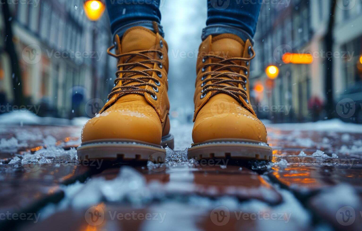 Bright yellow boots on a snowy street. Bright yellow boots stand out against a snowy street during winter, creating a cozy, adventurous vibe. photo