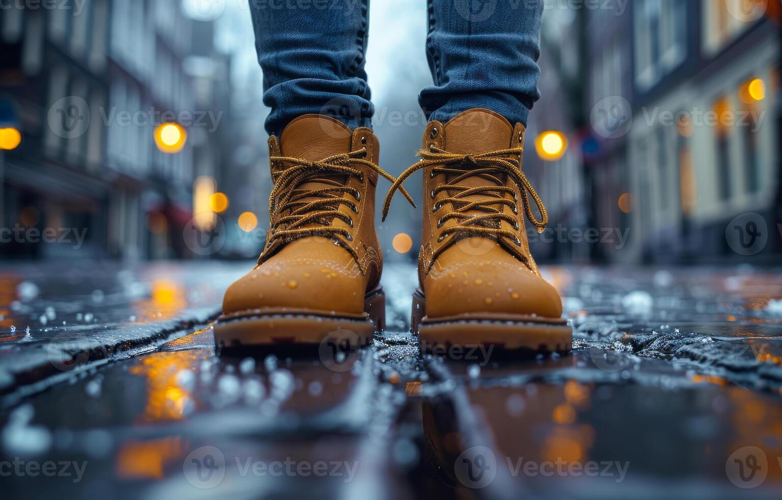 Rainy day walk in sturdy boots. A person stands on a wet cobblestone street, showcasing durable yellow boots under a grey sky in a city. photo