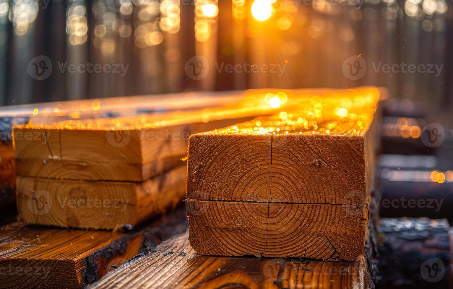 Sunlight on forest planks. Wooden planks are illuminated by warm sunlight filtering through trees in a tranquil forest atmosphere during sunset. photo