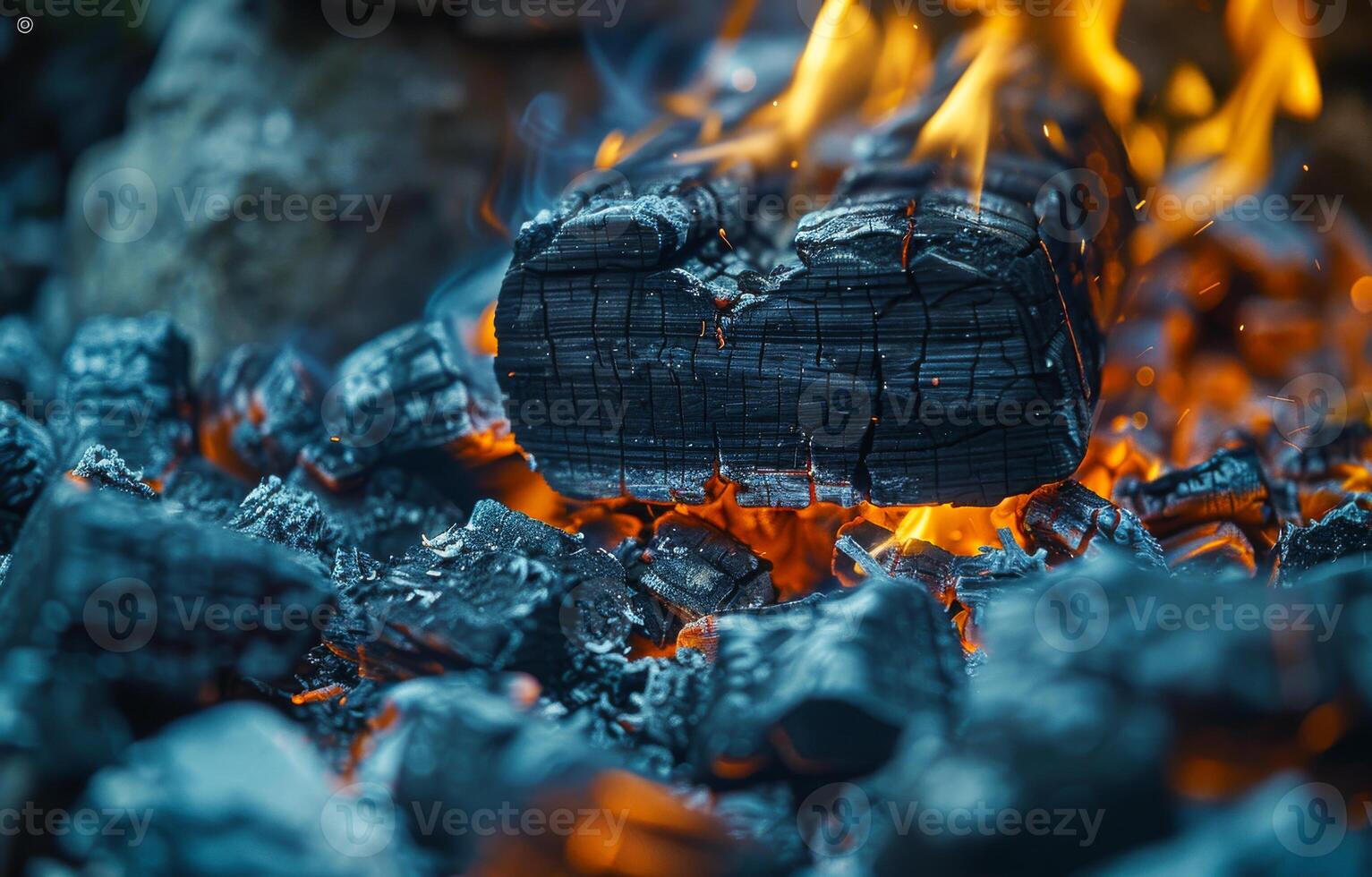 Flames dance around a smoldering log. Flames leap from glowing embers, illuminating the textures of charred wood in a vibrant display of heat and energy. photo
