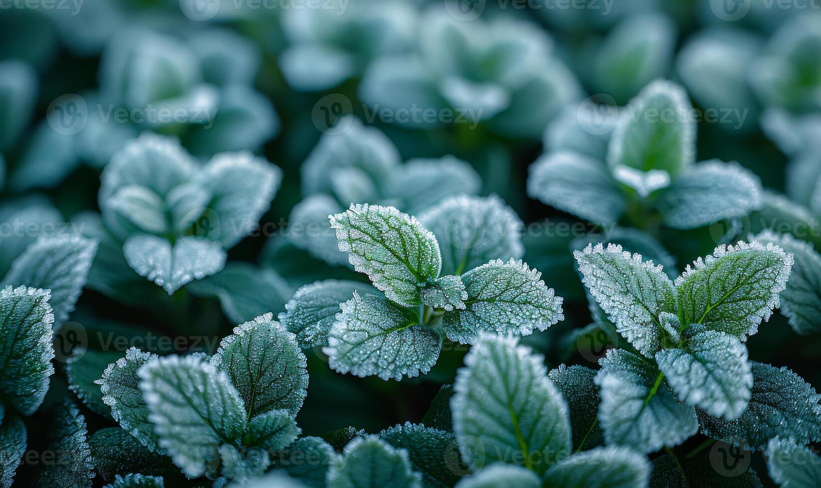 Frosty mint leaves at dawn. Fresh mint leaves are blanketed with frost, capturing the beauty of a chilly morning in nature. photo