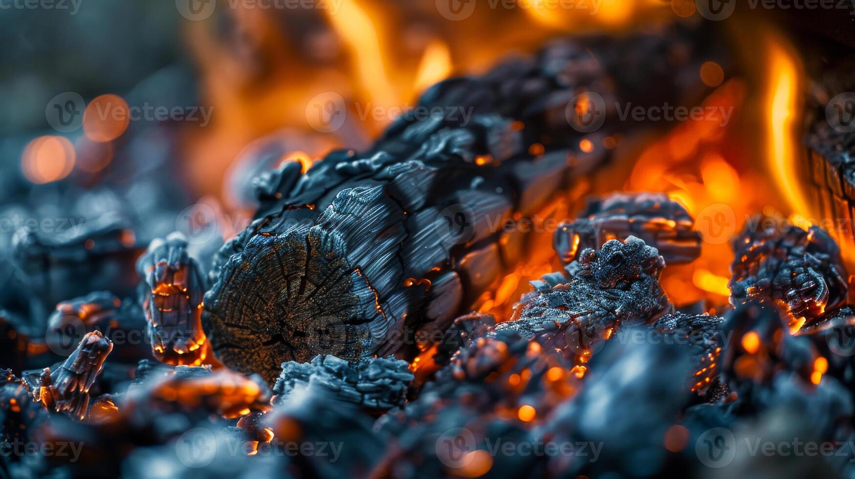 Glowing embers in warm evening light. Bright embers glow in warm shades, creating a cozy atmosphere at a gathering around a fire at dusk. photo
