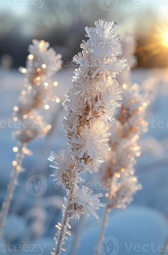 Frosted grass glimmers at sunrise. Delicate frost covers grass stalks, sparkling in the morning sunlight against a soft winter background. photo