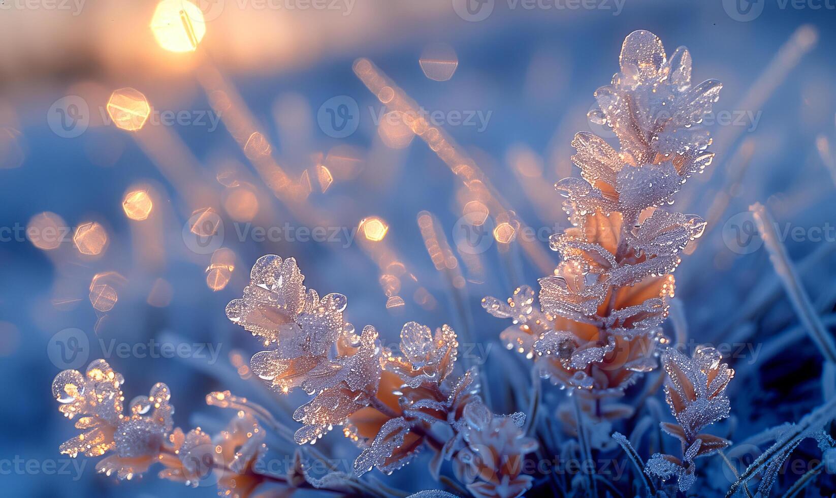 Frosty flowers sparkle in morning light. Frost-covered flowers glisten with dew during a chilly morning, capturing the beauty of nature in winter's embrace. photo