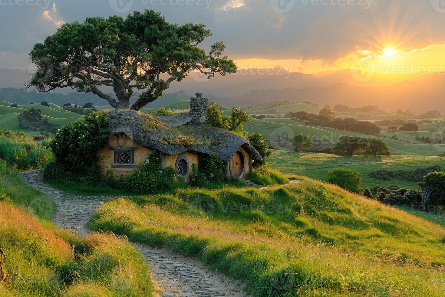 Sunset over a tranquil hobbit house. A serene hobbit house rests in a lush green landscape during sunset, surrounded by hills and a majestic tree. photo