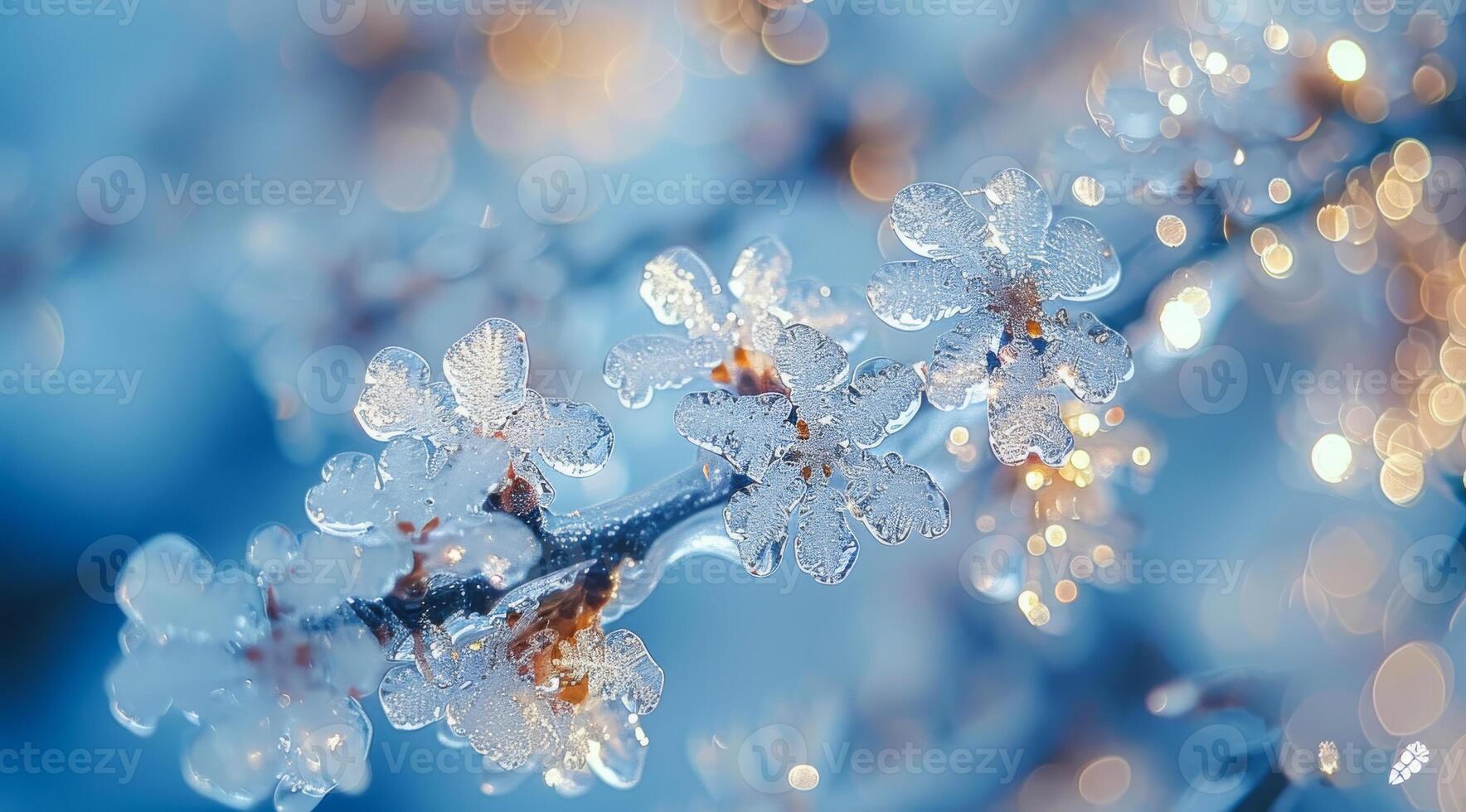 Beautiful ice-covered blossoms in winter. Delicate blossoms are covered in ice, sparkling in winter light. A serene winter landscape showcases nature's beauty. photo