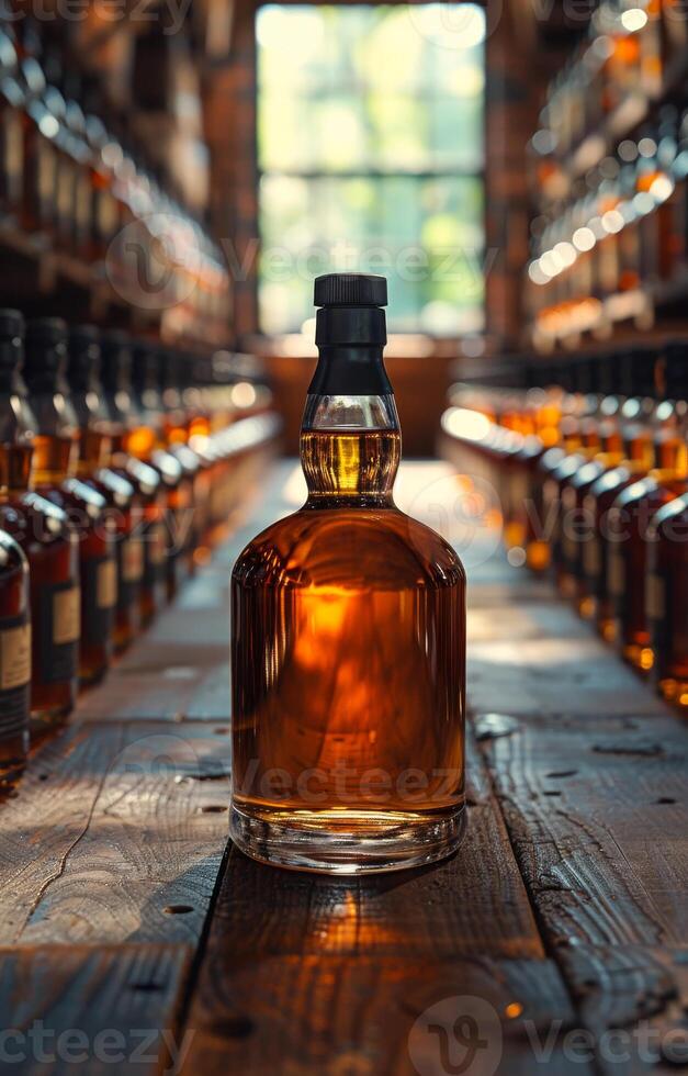 Whiskey bottle in a distillery aisle. A single whiskey bottle stands prominently among rows of aged spirits in a distillery during daylight hours. photo