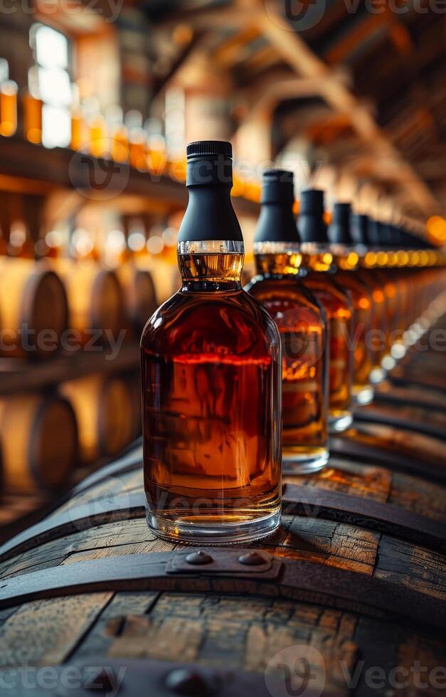 Premium whiskey barrels here. Bottles of amber whiskey line wooden barrels in a dimly lit distillery showcasing the aging process. photo
