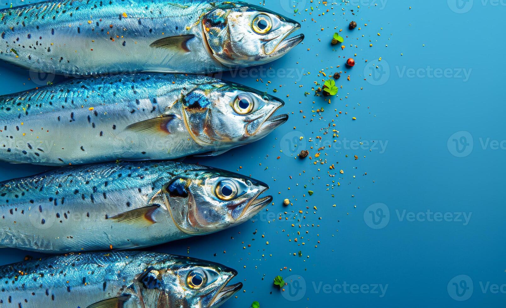 Fresh mackerel prepared for cooking. Four whole mackerel arranged neatly, ready for cooking, surrounded by spices and herbs on a blue table. photo