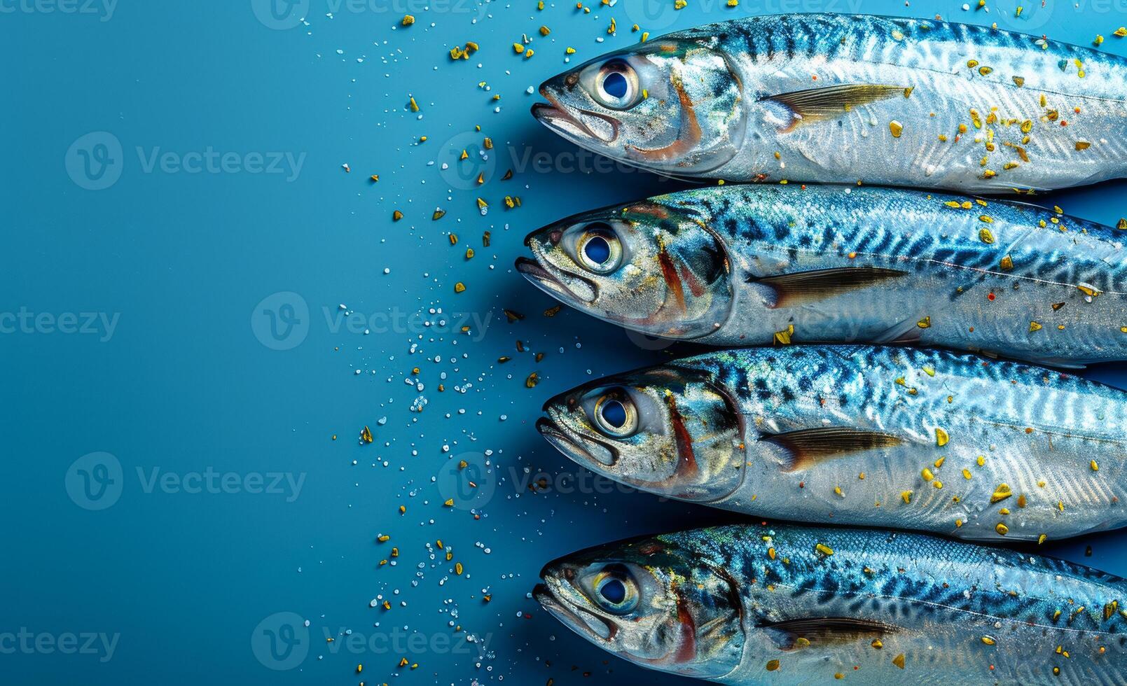 Freshly caught mackerel on blue surface. Four vibrant mackerel lined up on a blue surface sprinkled with sea salt and garnished with green spices. photo