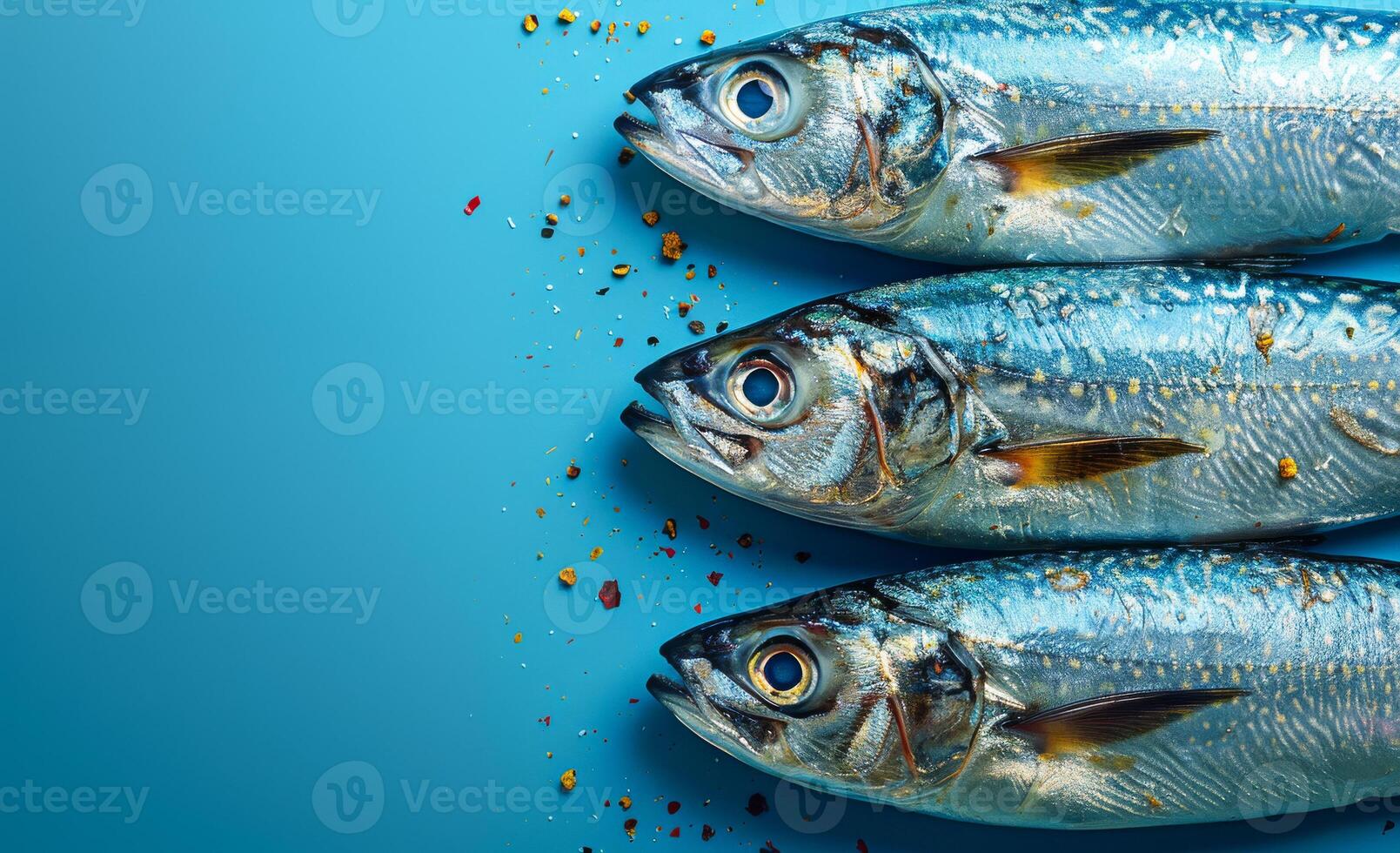 Fresh fish arranged on blue surface. Three shiny fish lie on a vibrant blue surface, surrounded by colorful spices and herbs, ready for preparation. photo