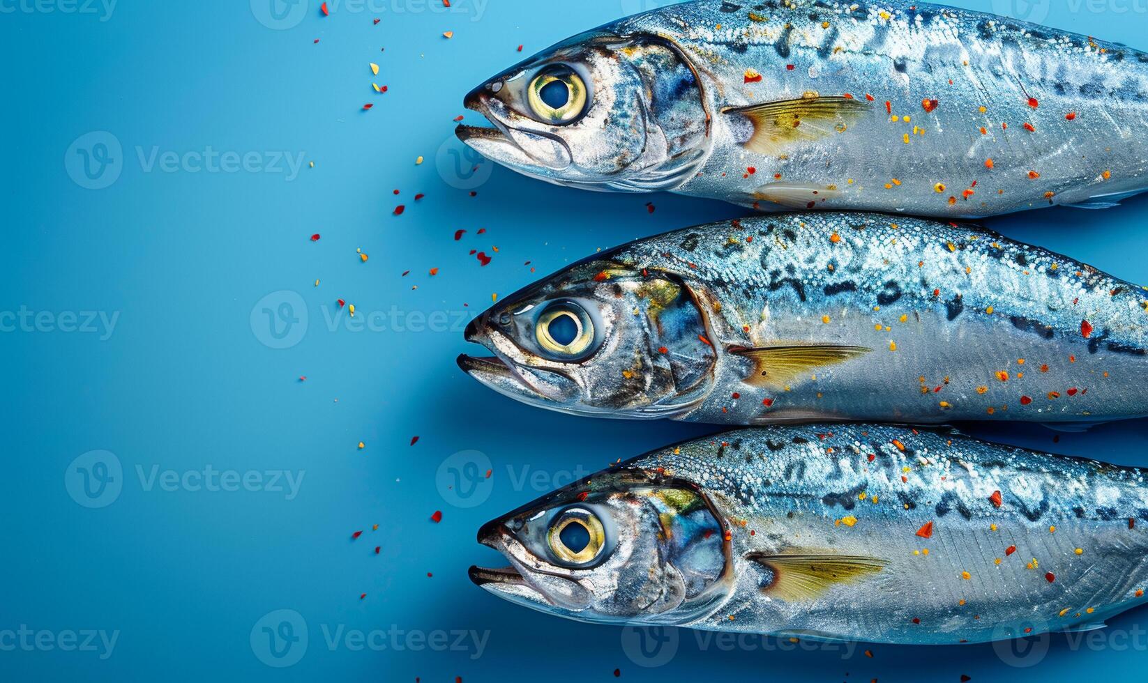 Fresh fish prepped in kitchen. Three mackerels with spices are displayed on a blue surface, showcasing their vibrant colors and freshness. photo