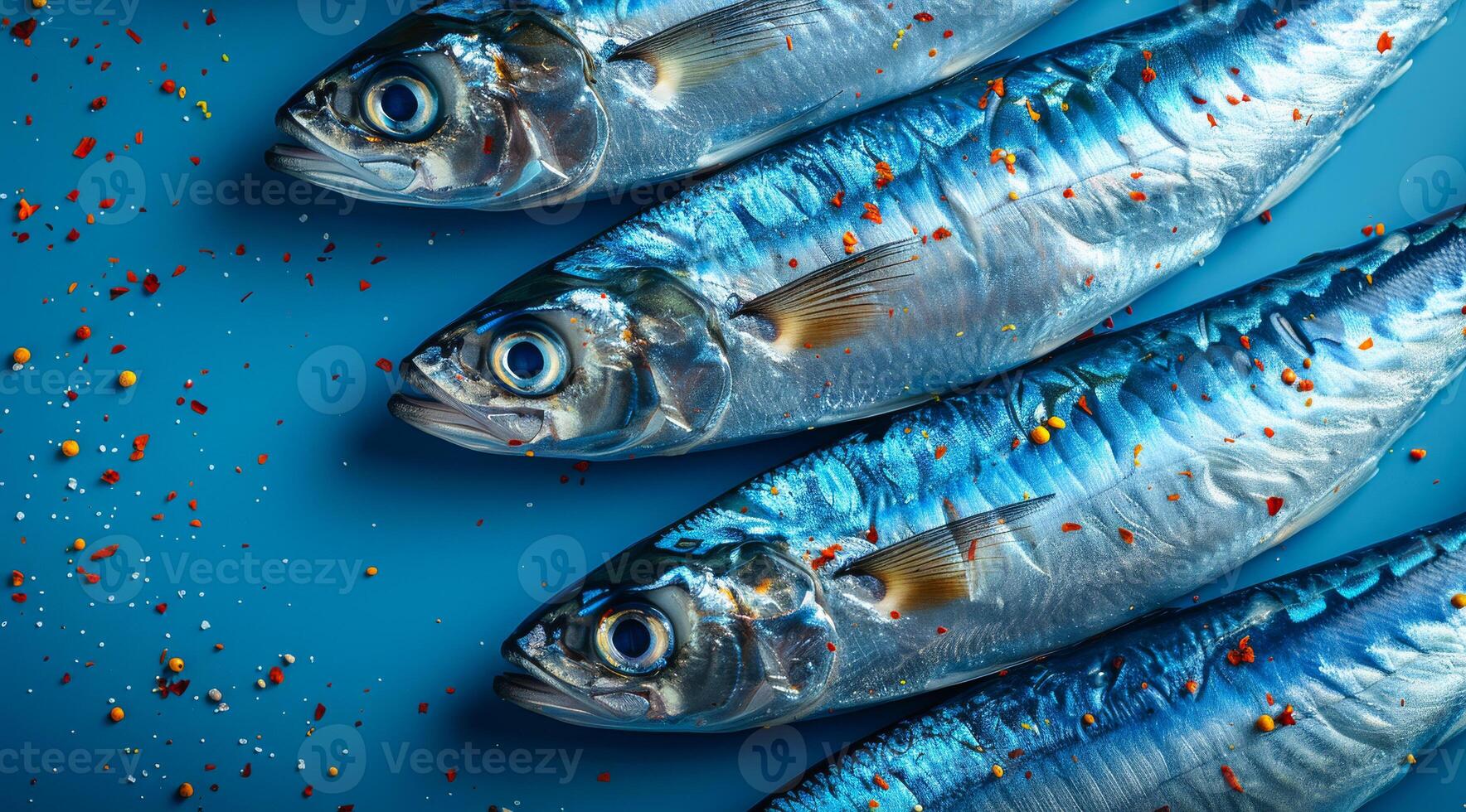 Mackerel on blue surface. Mackerel lined up on a blue surface, surrounded by vibrant spices, showcasing their freshness. photo