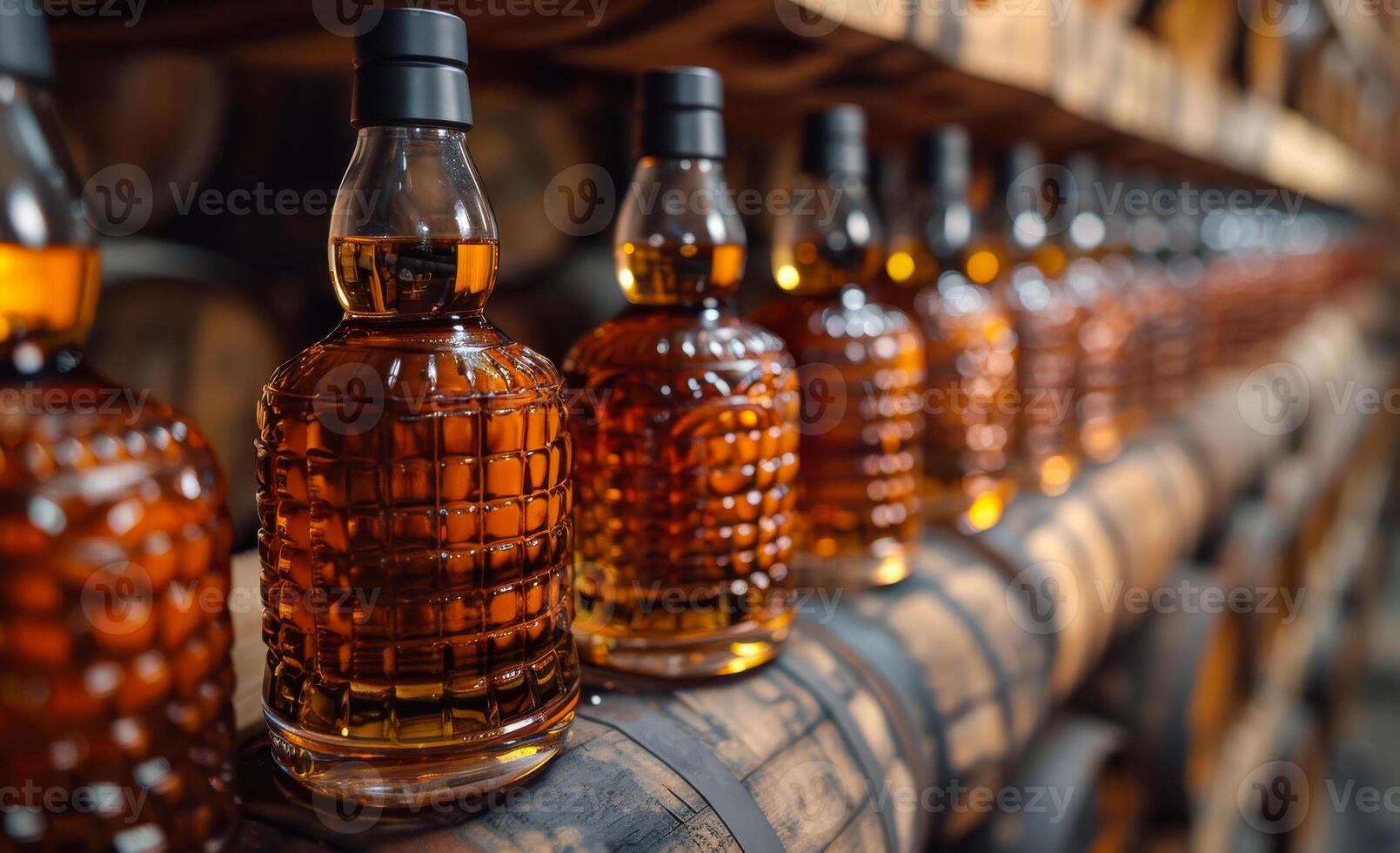 Bottles of whiskey lined on oak barrels. Whiskey bottles are neatly arranged on oak barrels in a distillery, showcasing a rich amber color and craftsmanship. photo