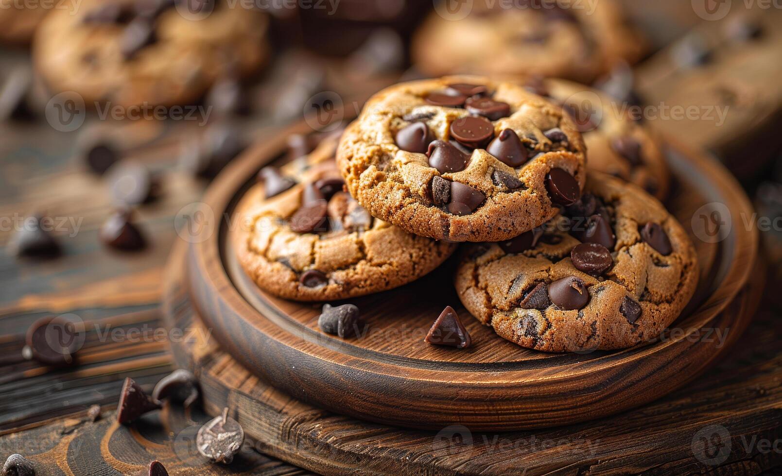 Delight in warm chocolate cookies. Chocolate chip cookies stacked on a wooden board, surrounded by scattered chocolate chips, create a cozy vibe. photo