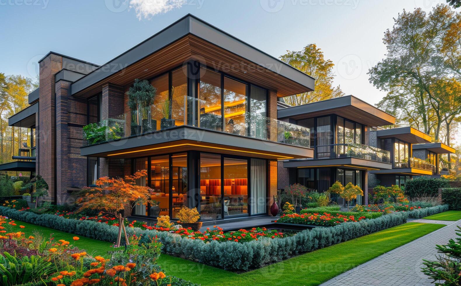 Contemporary home design. A modern complex with large glass windows is framed by lush gardens and vibrant flowers at sunset. photo
