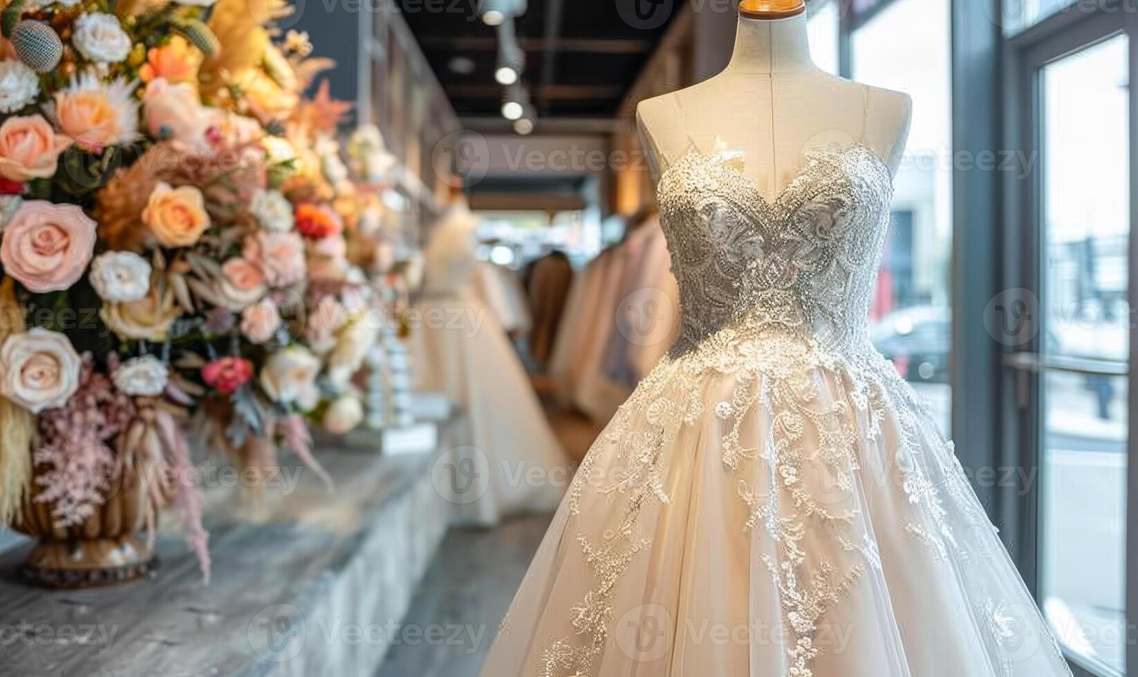Chic bridal gown on display. A stunning bridal gown with intricate lace displayed in a charming flower-filled wedding boutique. photo