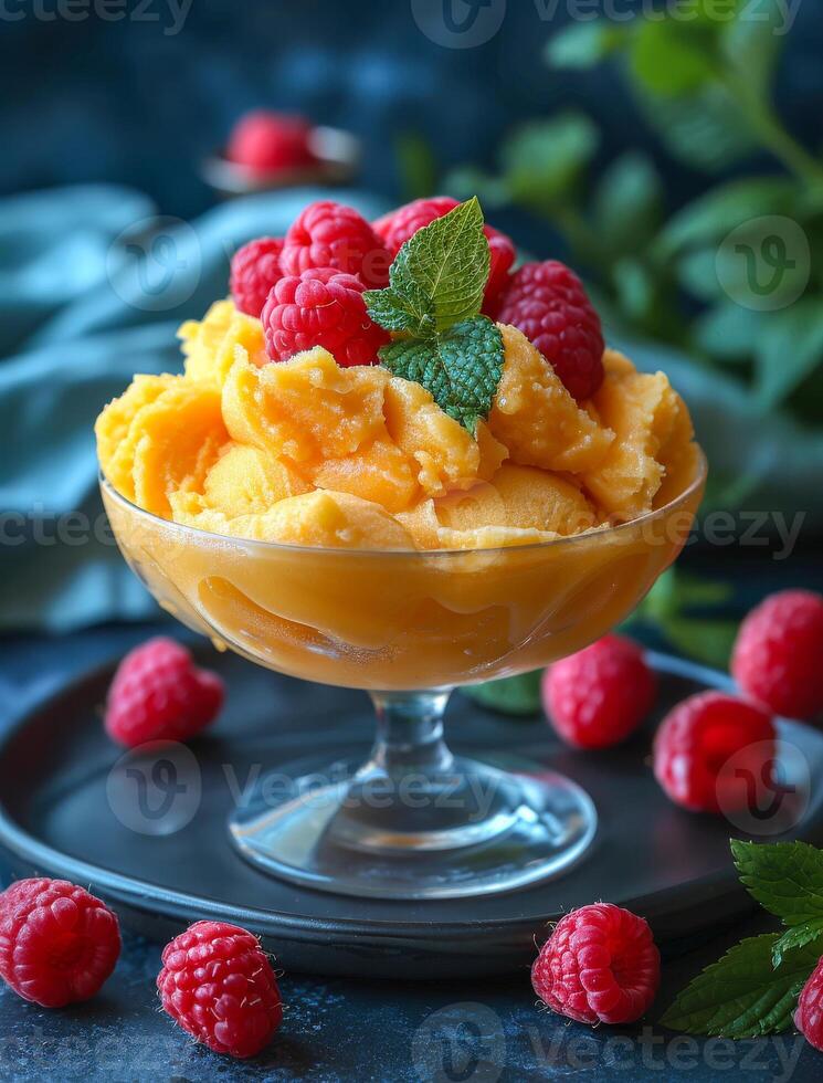 Mango sorbet with raspberries. Creamy mango sorbet is topped with fresh raspberries and mint leaves, served in a glass bowl for a refreshing treat. photo