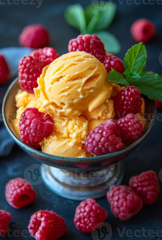 Mango ice cream with raspberries. A bowl of creamy mango ice cream is garnished with ripe raspberries and fresh mint leaves, creating a vibrant dessert. photo
