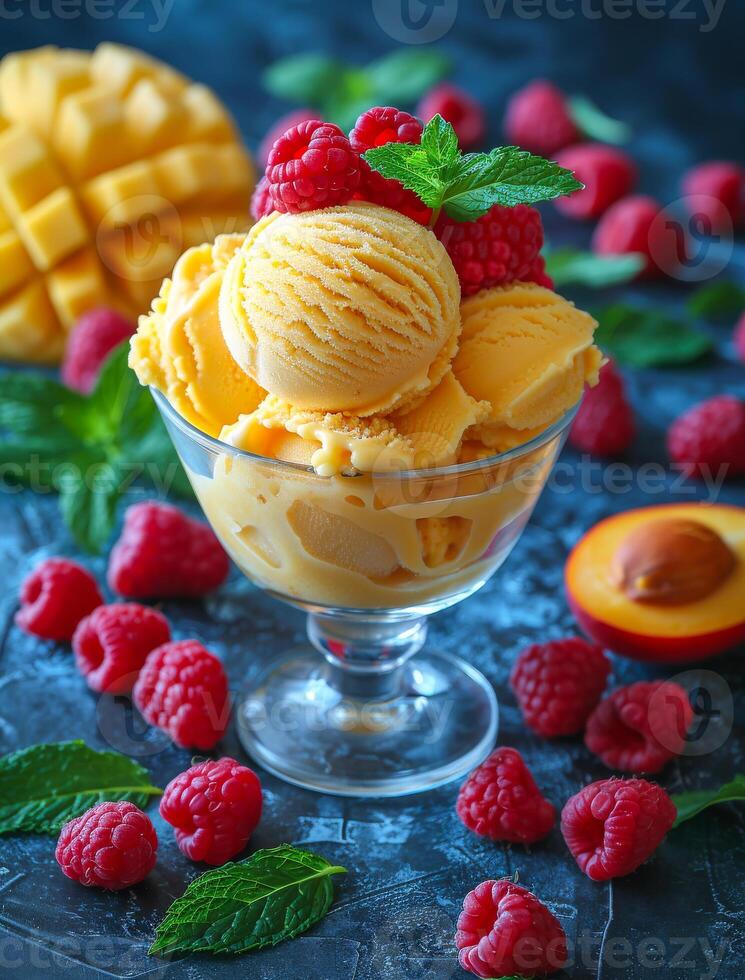 Mango raspberry ice cream treat. A vibrant bowl of mango ice cream topped with fresh raspberries and mint leaves, set against a colorful backdrop. photo