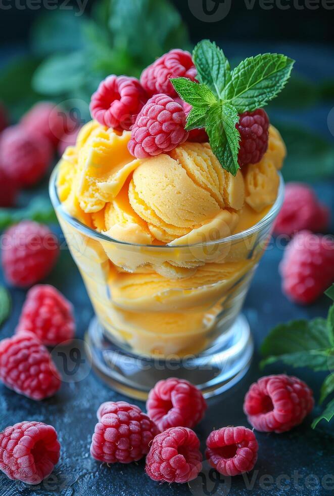 Mango ice cream with raspberries. A vibrant dessert features creamy mango ice cream adorned with fresh raspberries and mint leaves in a clear glass. photo