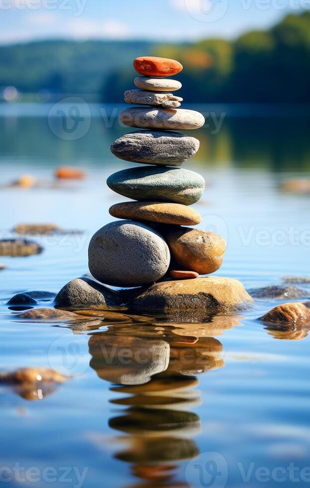Tranquil stone stack by calm lake. A stack of smooth stones balances on a rock in clear water, reflecting serenity and harmony in nature. photo