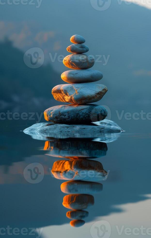 Serene reflection with stones. A tower of balanced stones stands on a water surface, reflecting the soft light of the early morning in nature. photo