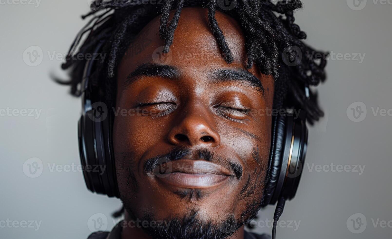 Young man enjoys music with headphones. A young man sits quietly, smiling with his eyes closed, deeply immersed in music through his headphones. photo