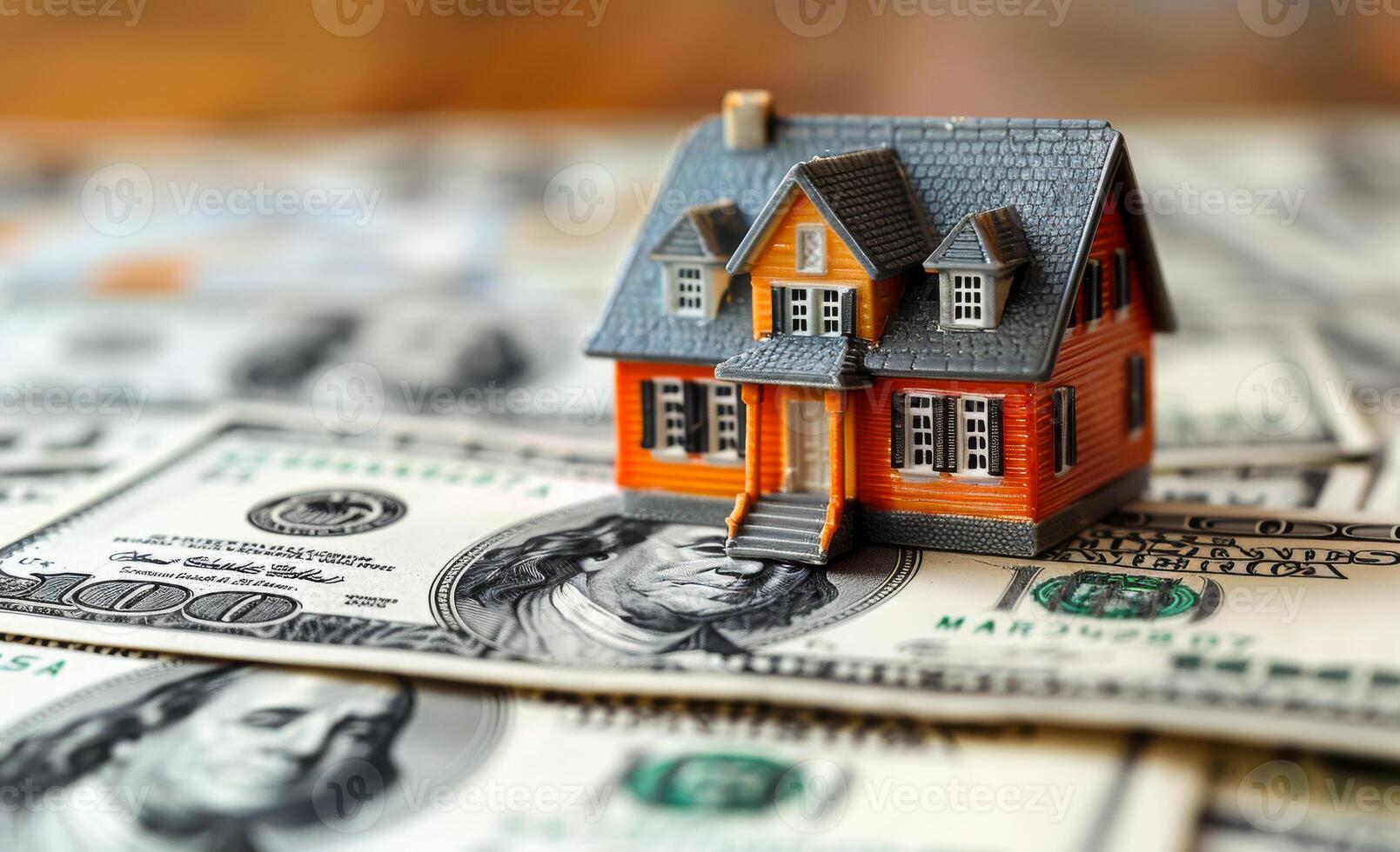 Cash bills show real estate. A model house on stacks of money symbolizes the housing market and real estate investments. photo