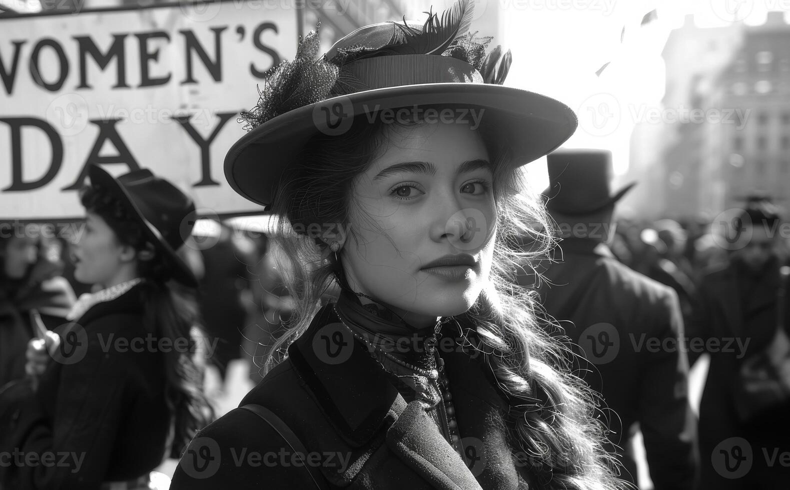 Celebrating women during historic event. A confident young woman in vintage attire stands at a women's rights event, surrounded by equality advocates. photo