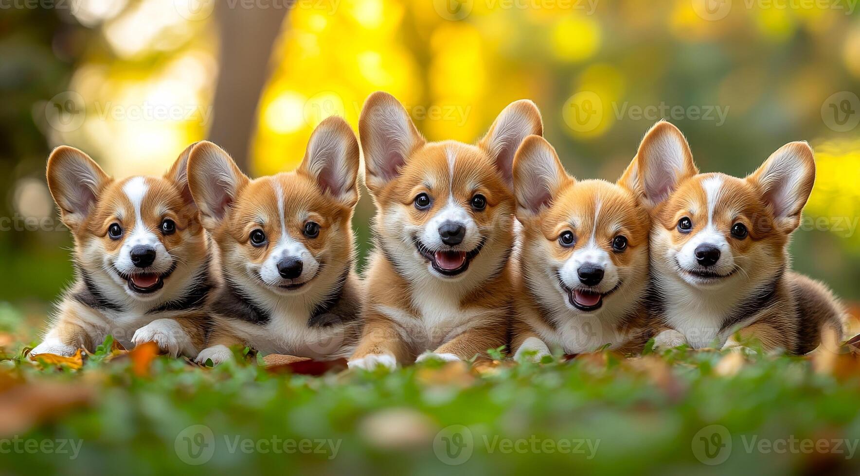 Happy corgi pups playing outside. Five cheerful corgi puppies are playing together on green grass under a sunny sky in the park. photo