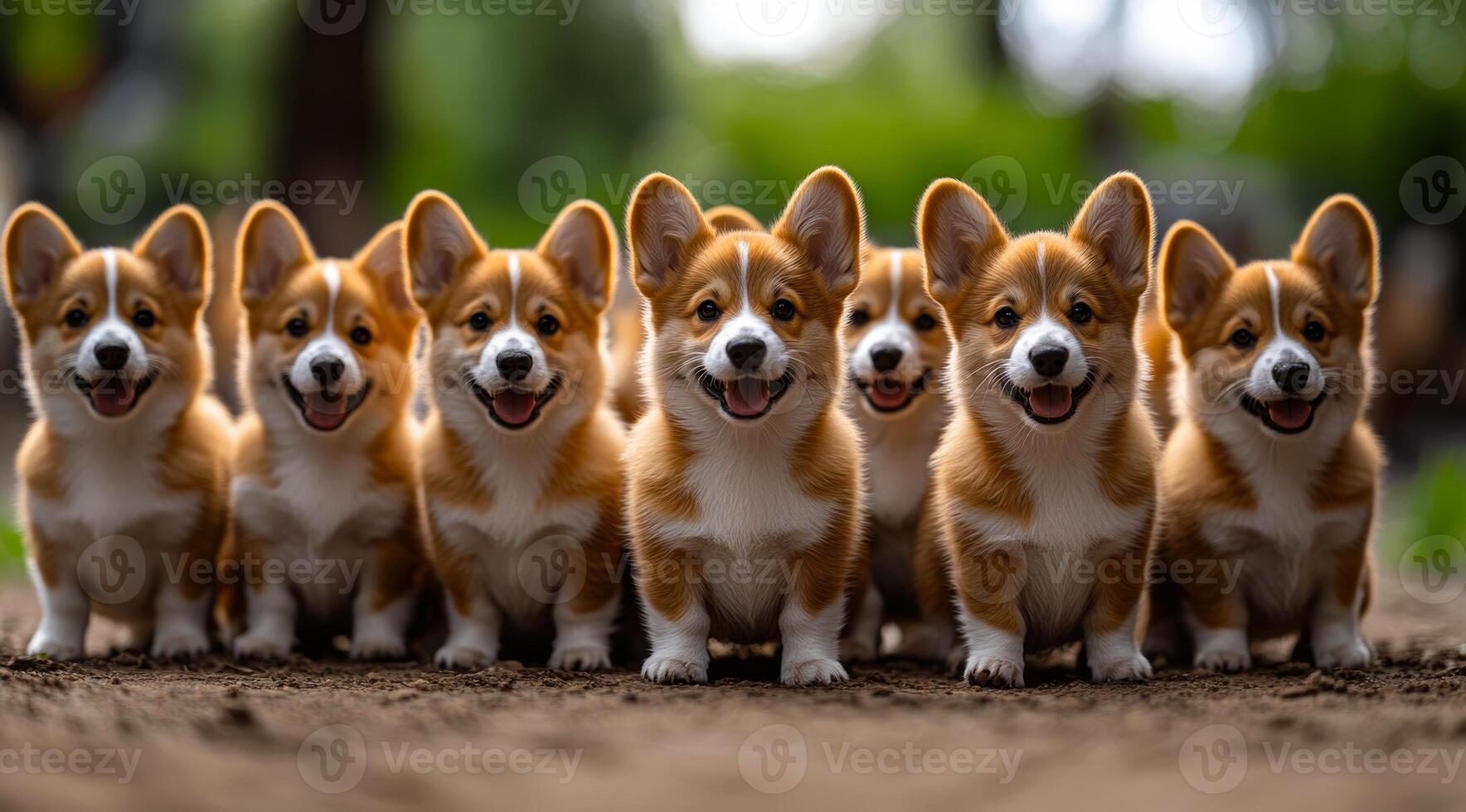 Corgi pups playing in the park. Eight happy corgi puppies stand in a row, enjoying a sunny day at the park while wagging their tails and playing. photo
