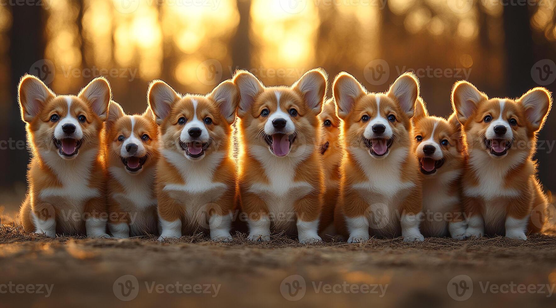 Corgis enjoying a sunny day in nature. Nine happy corgi puppies gather in a line, basking in the warm glow of a sunset, surrounded by nature. photo
